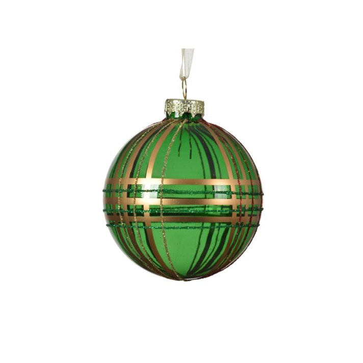 Rand versterking luister The Christmas Shop | Glazen groen-transparante kerstbal met horizontale en  verticale gouden lijnen