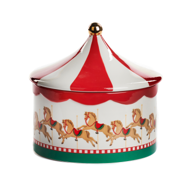 Goodwill koektrommel - Als caroussel met paarden - Met deksel - Rood en wit